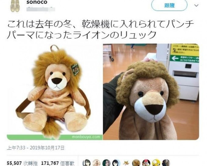 狮子造型背囊中的狮子无𦍬变了一头挛发。twitter
