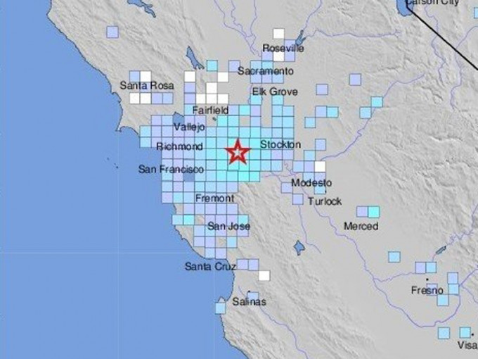 美國加州三藩市東北20公里外發生4.3級地震。（網圖）