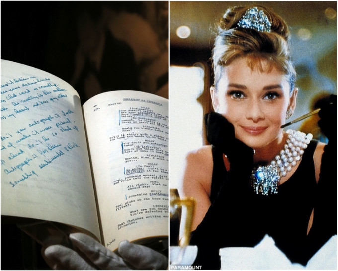 圖左，附有柯德莉夏萍親筆註解的《珠光寶氣》劇本。AP