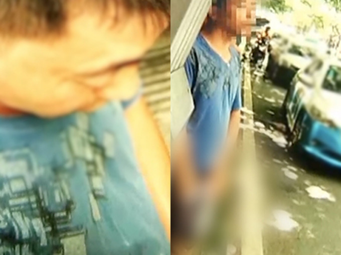 身穿藍色衫的男子，在車站伺機裸露下體對女性進行騷擾猥褻。（網圖）
