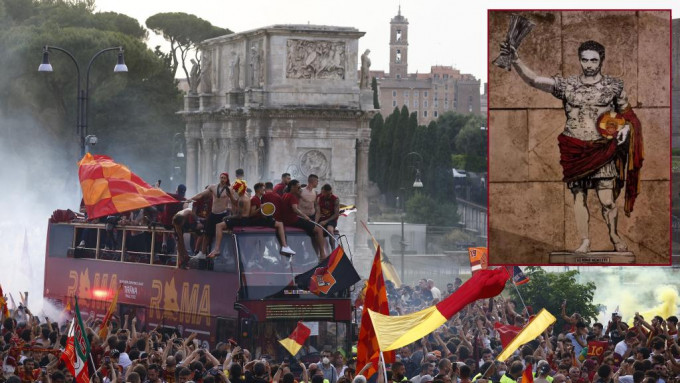 羅馬捧走歐協聯冠軍，摩連奴的凱撒大帝造型壁畫(小圖)在當地引起哄動。