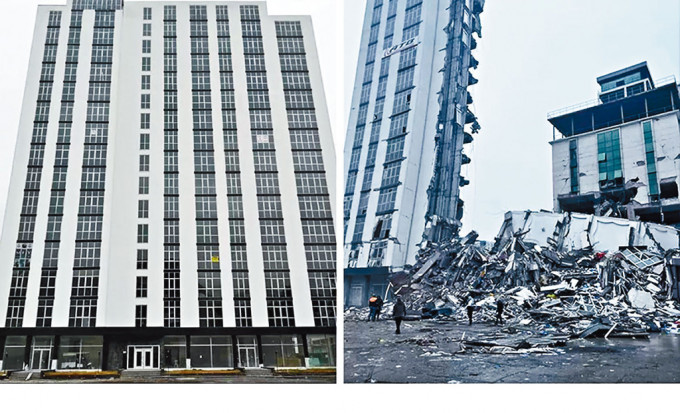 土耳其哈塔伊省伊斯肯德伦市一栋近来落成的大厦，地震后倒塌（右图）。