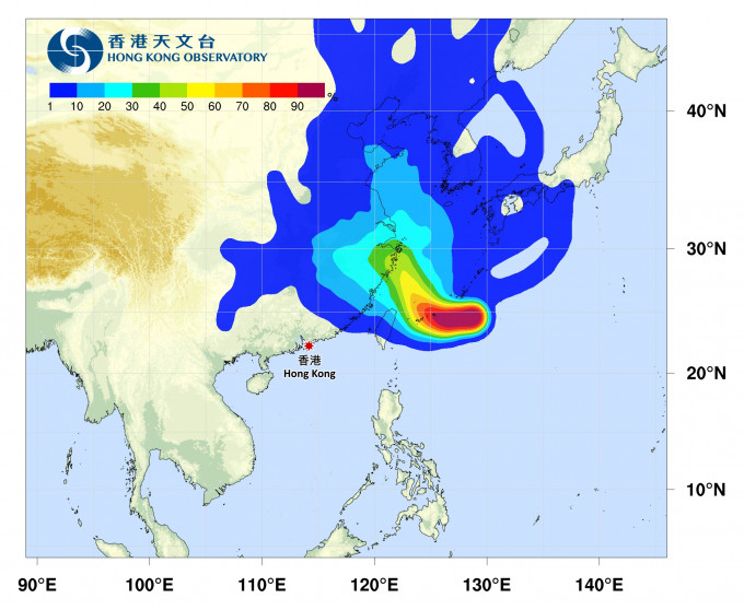 烟花会在未来一两日靠近台湾，随后移向中国东部沿岸。天文台