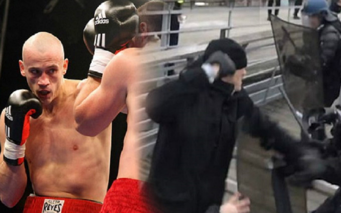 前輕重量級冠軍拳手德廷格示威者揮拳攻擊警員。網上圖片