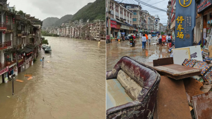 貴州鎮遠古鎮被溢出的河水淹浸，損失慘重。小紅書