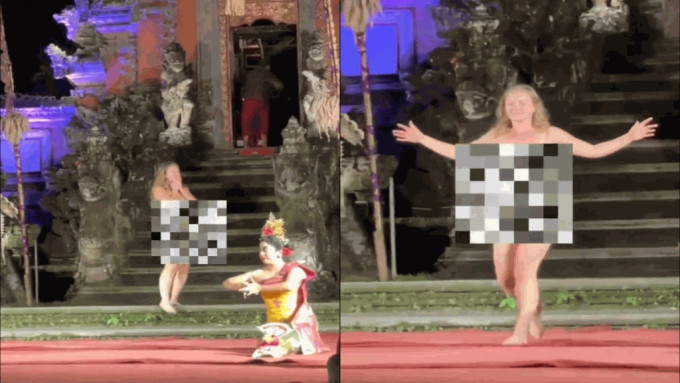 峇里島德國女遊客全裸亂入舞蹈表演，疑似患有精神病。 Twitter