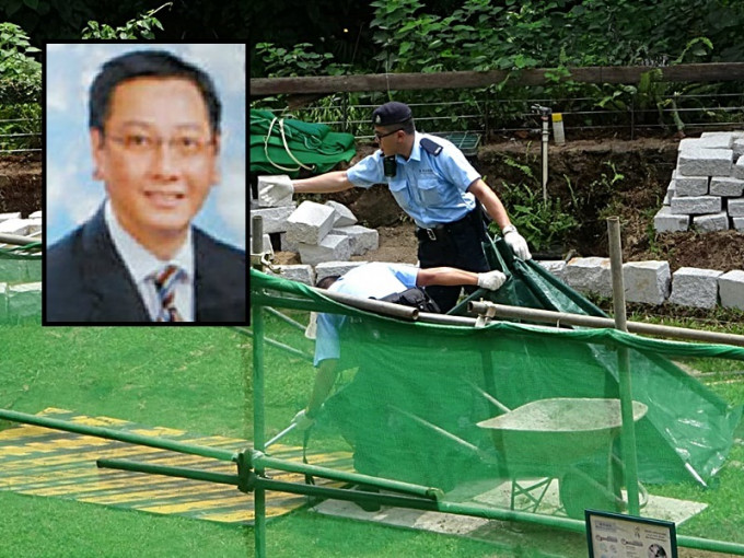 警方找到疑为死者王辉雄律师(小图)的残肢，用帐篷遮盖。