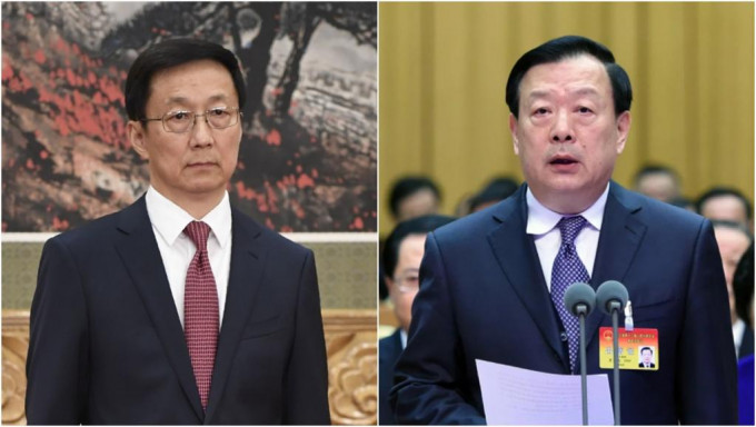 國務院副總理韓正（左）及港澳辦主任夏寶龍（右）。網圖