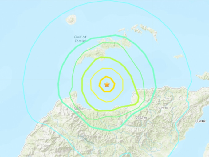 印尼苏拉威西（Sulawesi）附近海域发生地震。美国地质调查局相片
