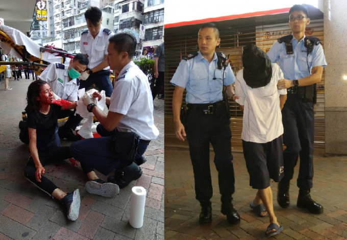 救护员为女伤者包扎，警方其后拘捕一名男子。