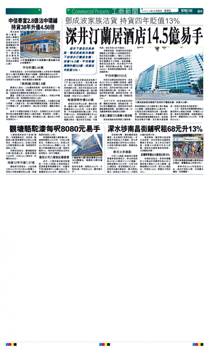 本報早前率先披露鄧成波家族沽售深井服務式住宅汀蘭居全幢。