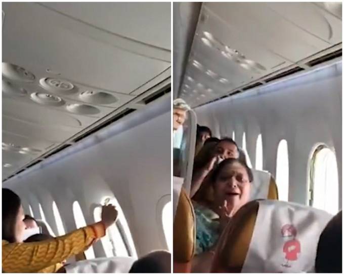 机舱内一个窗框突然脱落，有乘客担心得哭起来。片段截图