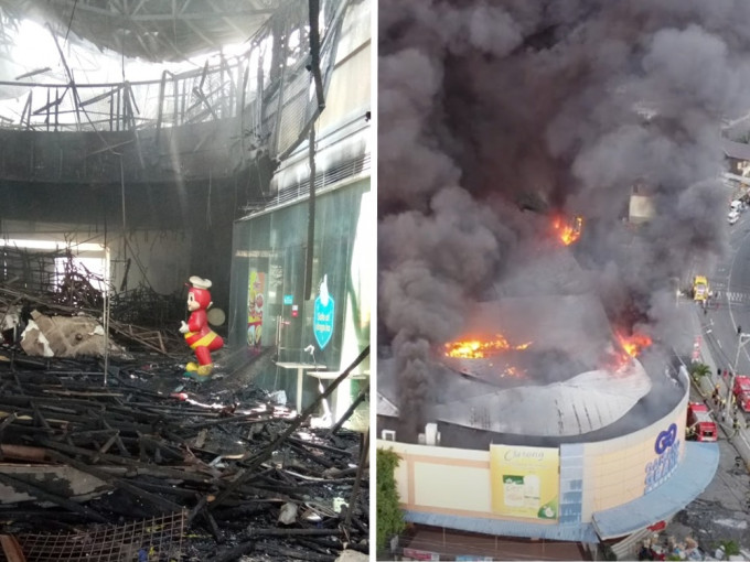 菲律宾一个商场发生火灾，惟Jollibee吉祥物快乐蜂未被大火波及，丝毫无损。网上图片