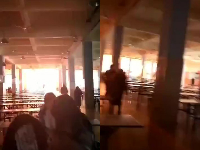 贵州高校食堂因电綫短路，现场火花四溅，险酿火灾，学生们尖叫奔跑躲避。（网图）