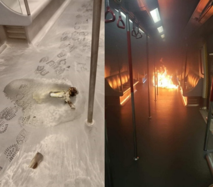 港鐵列車疑遭縱火。網圖
