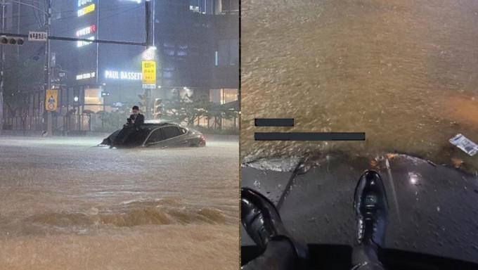 首爾西裝男水浸受困車頂，第一身視覺照被瘋傳。網圖