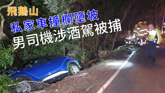 私家车被大树挡住去势搁置在路边约2米山坡。蔡楚辉摄
