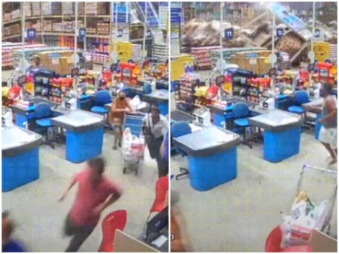 巴西一間超市的貨架突然骨牌式倒塌，人們見狀慌忙走避。影片截圖