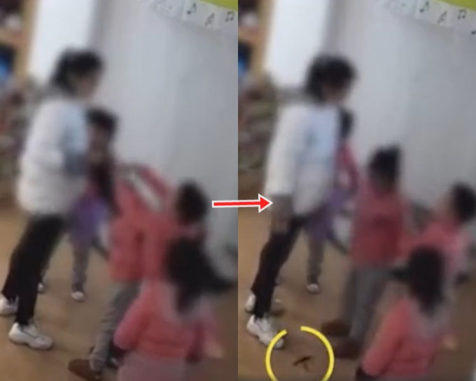 涉事老师捉住其女儿的头发，并让该名男童剪去一小撮。网图