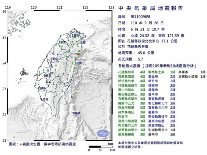 地震達黎克特制5.7級。台灣中央氣象局