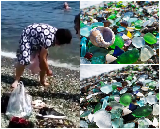 2名中国大妈将海滩上的「彩色石头」当作免费纪念品。片段截图; 网图