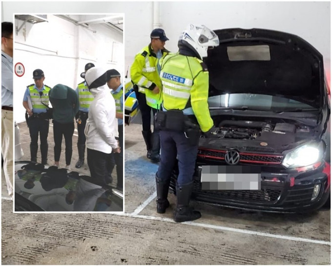 警方今晨于到彩云邨多层停车场扣留一部私家车，及拘捕两名男子。杨伟亨摄