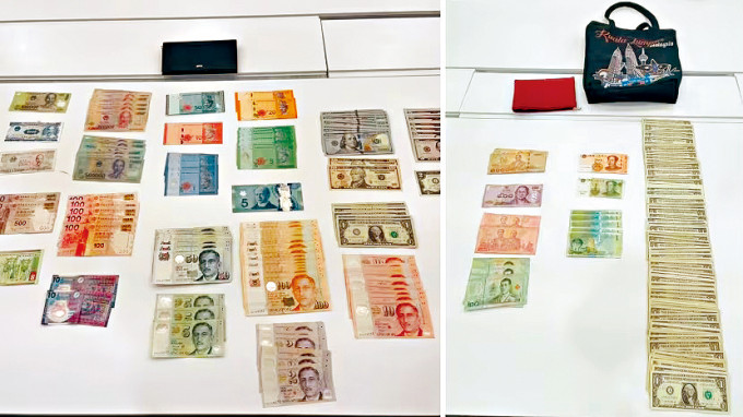 新加坡警方從被捕男子處搜獲多種國家鈔票。
