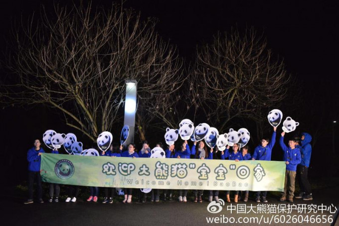 大熊猫基地用中文写上标语，向在美国出生的大熊猫「宝宝」表示欢迎「回家」。