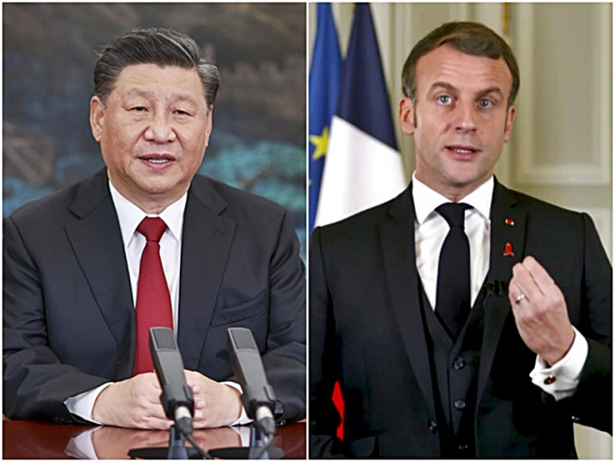 國家主席習近平（左）早前與法國總統馬克龍（右）通電話。