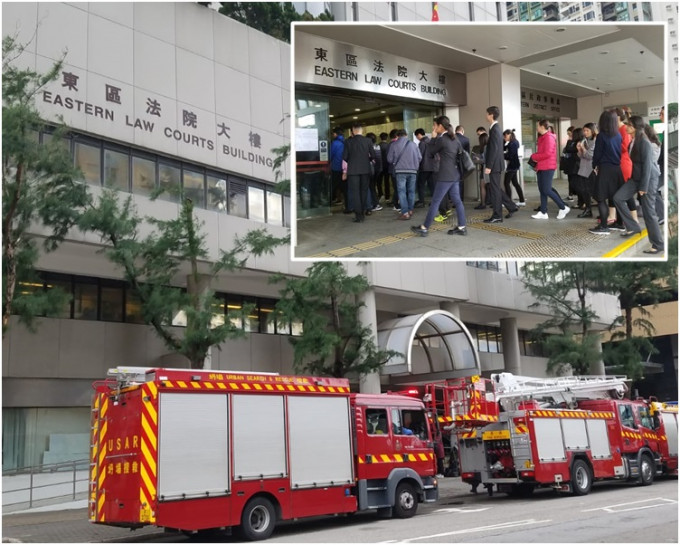 消防車到場，疏散法庭內所有人。楊偉亨攝