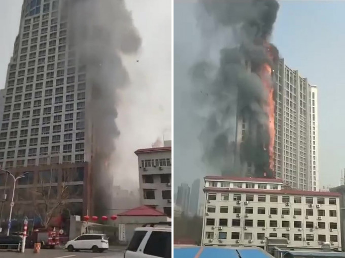 河北石家庄26层办公大楼突发冲天大火。（网图）