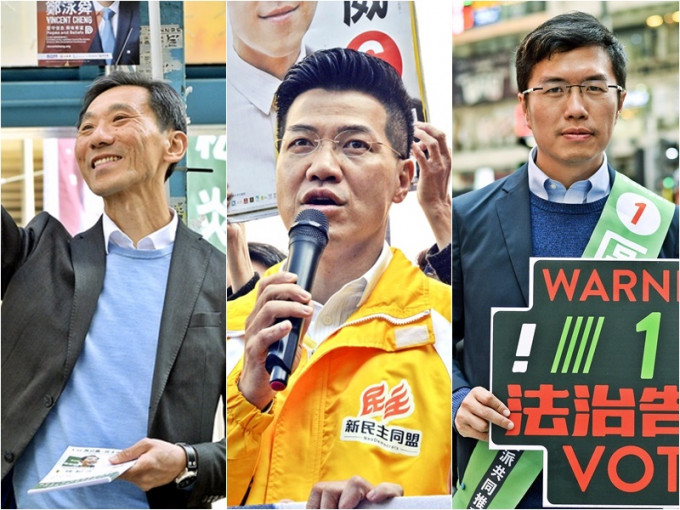 票站調查顯示，姚松炎(左起)、范國威及區諾軒當選機會大。　
