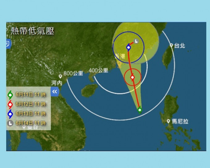 位於南海中部的熱帶低氣壓預計在星期一會逐漸靠近廣東沿岸。圖:天文台