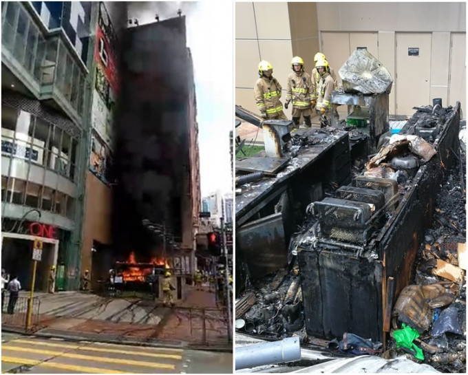 圖左，食肆起火冒出大量濃煙。圖右，咖啡店損毀嚴重。