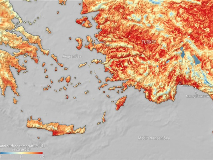 希腊、土耳其及赛普路斯受热浪侵袭录得50度高温。ESA图
