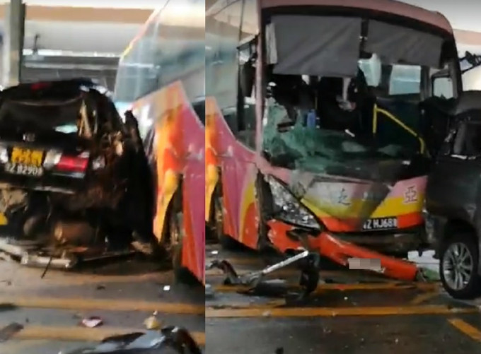 旅游巴猛烈推撞私家車。突發事故報料區影片截圖