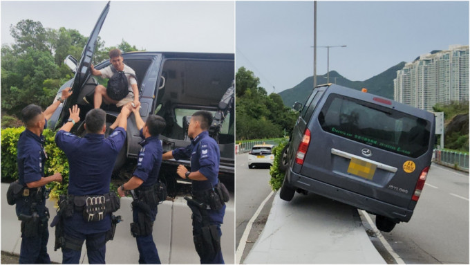 赤鱲角货Van铲上石壆 车轮悬空摇摇欲坠 机场特警助拯救