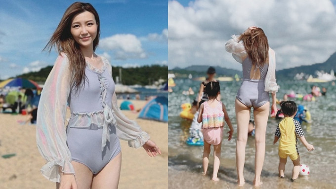 索妈吴若希沙滩消暑享受亲子乐，一件头泳衣有赞有弹。