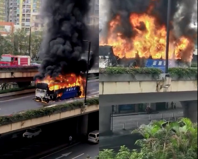 广州海珠区一辆长途巴士突然自燃。网图/影片截图