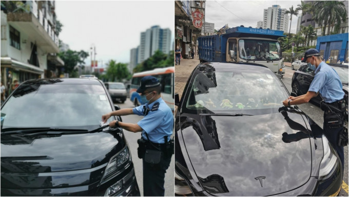 警方向大围区内违例停泊车辆发出50张交通定额罚款告票。警方图片