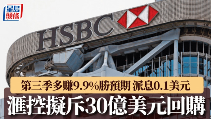 滙控第三季多賺9.9%勝預期 派息0.1美元 擬斥30億美元回購