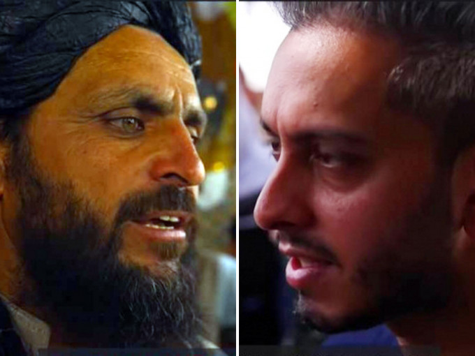 BBC記者凱爾馬尼（右），訪問塔利班的軍事指揮官阿伊努丁（左）。BBC截圖