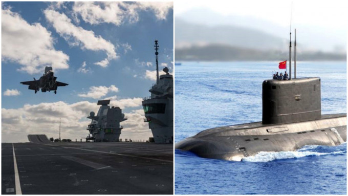 英国「女王」号和中国「基诺」级潜艇。