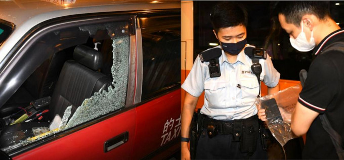 的士車窗被擊破，警方檢走涉案手機。李家傑攝