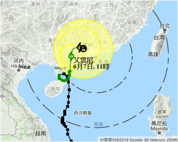 艾雲尼集結在香港之西南偏西約330公里。圖：天文台