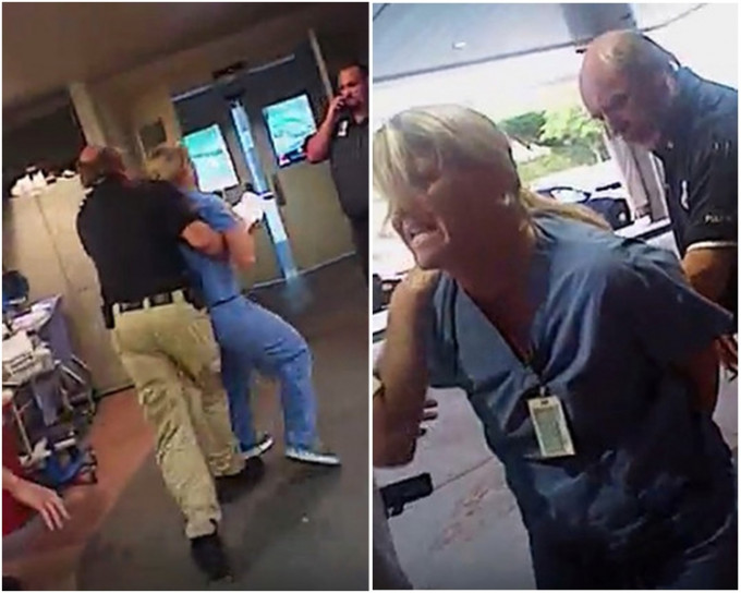 美國猶他州鹽湖城一名女護士拒為昏迷傷者抽血，遭警員強行鎖上手銬拘捕。AP