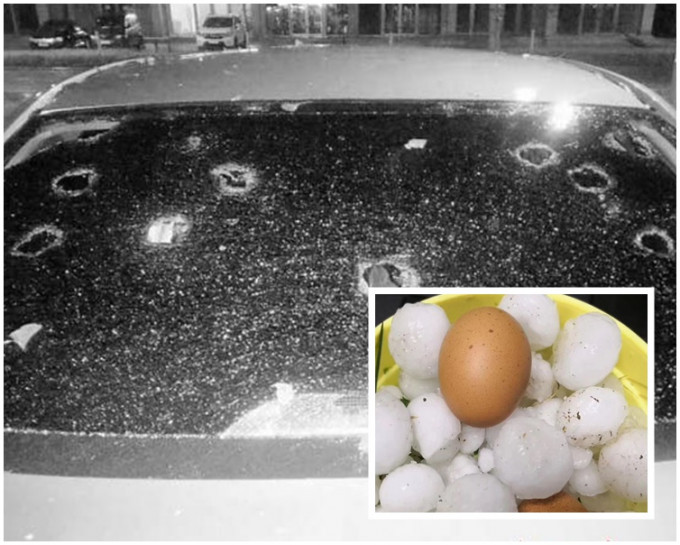 私家車擋風玻璃窗被雞蛋大的冰雹打穿。