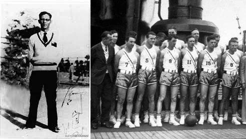 美国篮球队（右图）赢得首届奥运篮球金牌，当年决赛由中国裁判舒鸿（左图）执法。网上图片