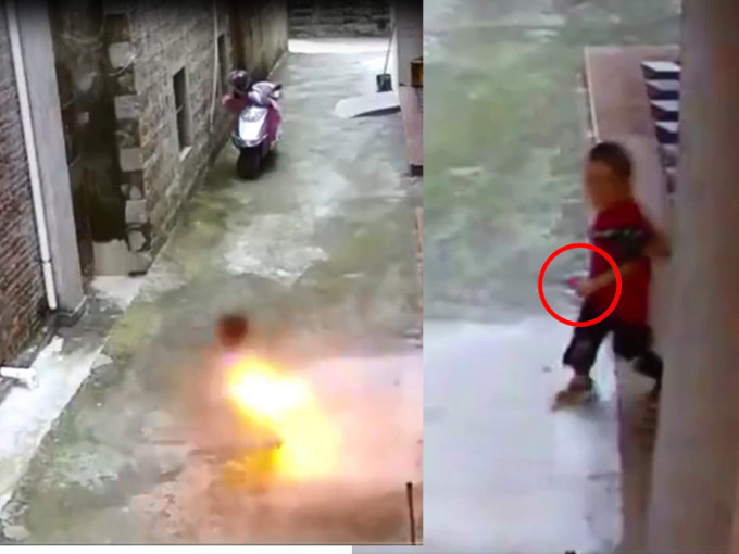闭路电视画面显示，女童身上起火跑出屋外后（左图），男童（右图）也跟在后面跑出来，手上拿著打火机。（网图）