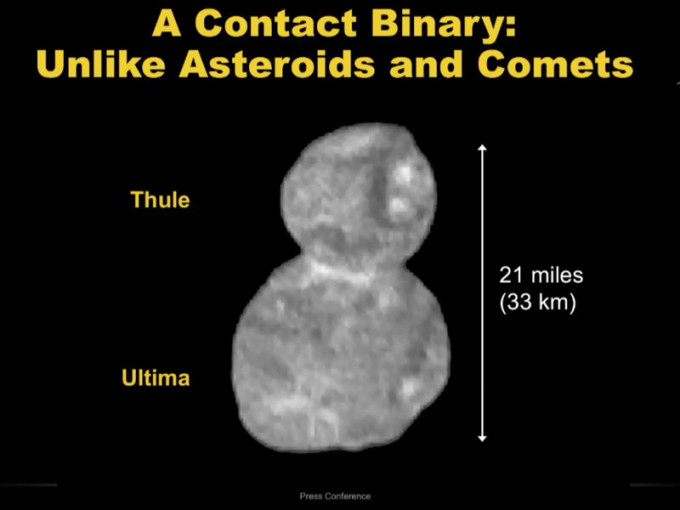 照片显示「天涯海角」似乎由两个大致是球体的部分组成，一大一小，外型好像雪人。（NASA）